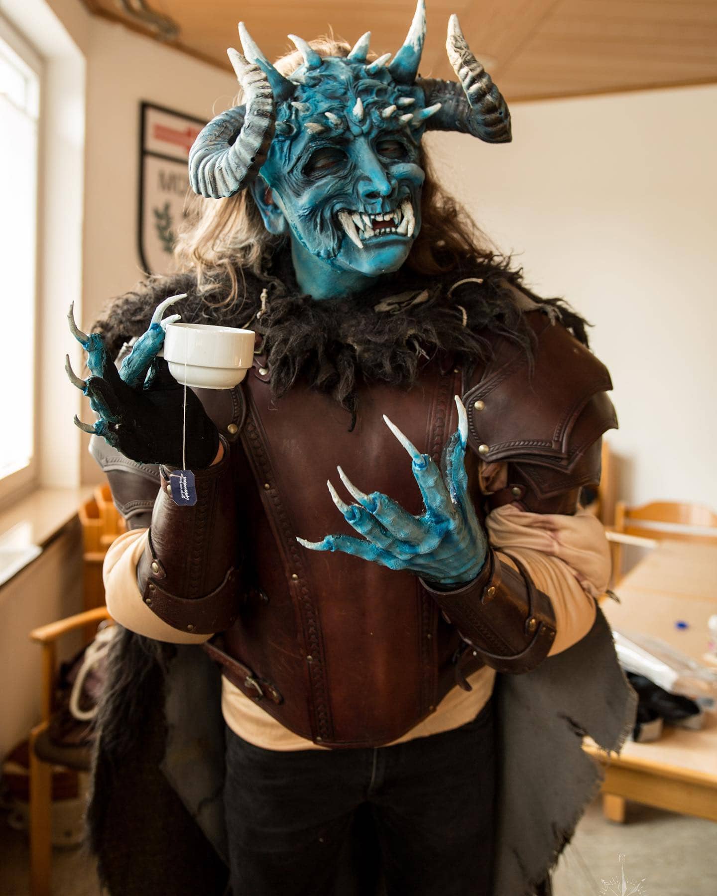 Instagram:Demon doing things: Demon having a good cup of tea… 👹😁 Pic.: @sven_vittoz_photography #demondoingthings #demon #bluede